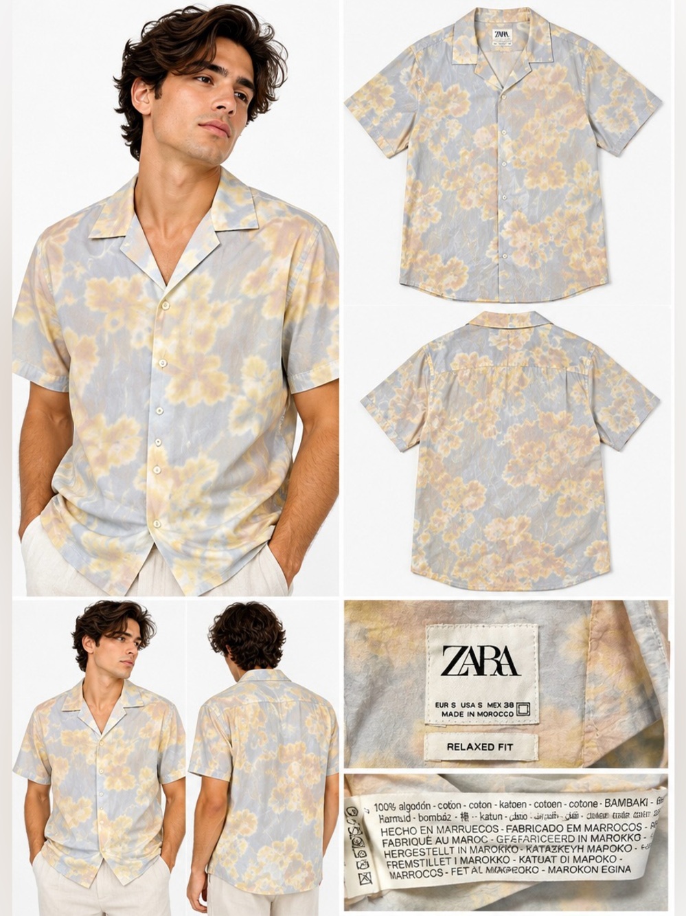 Zara Relaxed Fit Floral Short-Sleeve Shirt — Light Blue & Cream vacations fresh
